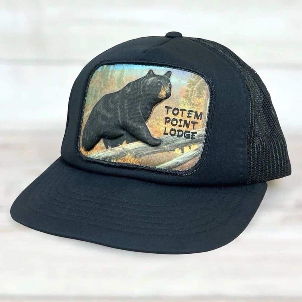 VTG Totem Point Lodge Trucker Hat Snapback Cap Grizzly Black Bear 3D Puffy Patch